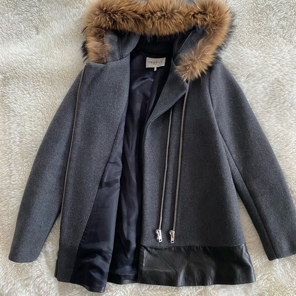 Sandro Manoli Fur Trim Leather Panel Wool Coat Gray - Picture 4 of 11